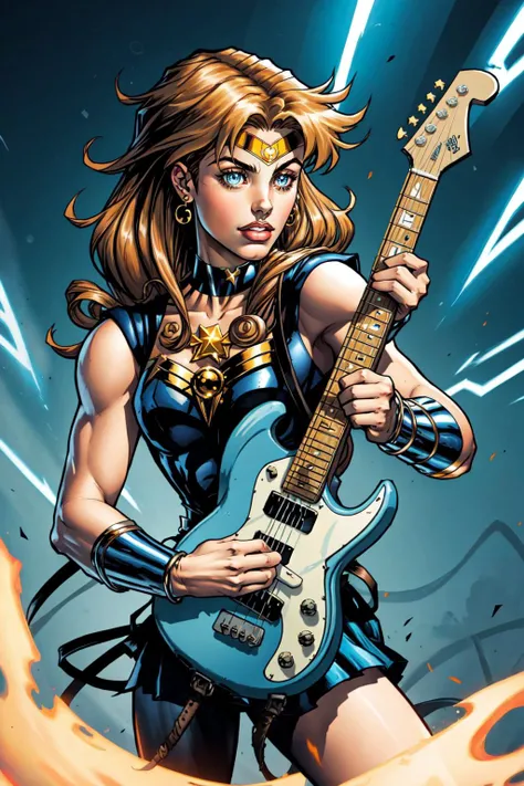 Sailor Moon is now James Hetfield from Metallica, electric guitar, heavy metal concert, long curly hair, mullet, album cover