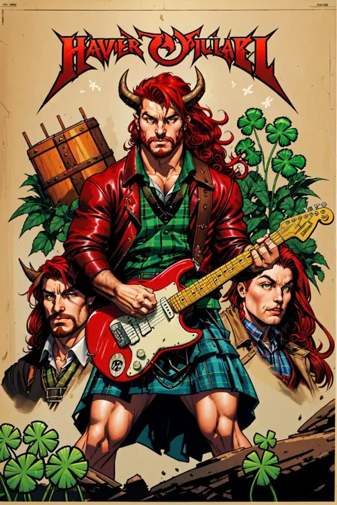 Irish, 1boy, male focus, red hair, beard, long curly hair, mullet, fender electric guitar, heavy metal concert, long plaid scottish kilt, tartan theme, celtic metal band, masculine, devil horns, 4 leaf clovers, red plaid leather jacket, scotland highlands, vintage cars, album cover