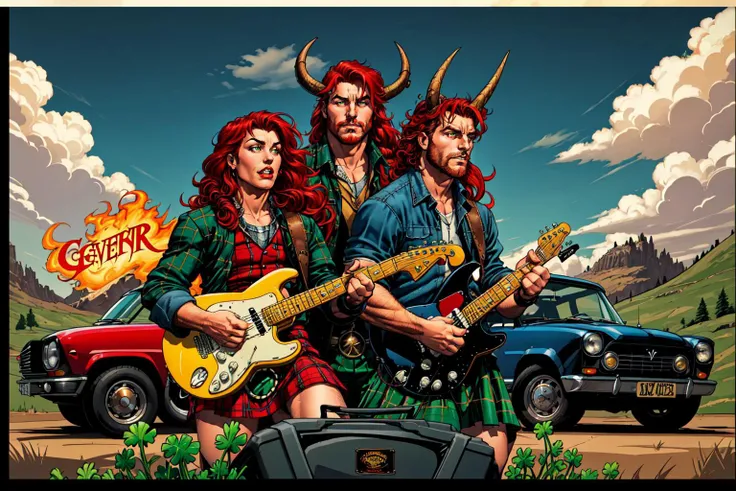 Irish, 1boy, male focus, red hair, beard, long curly hair, mullet, long plaid scottish kilt, tartan theme, red plaid leather jacket, fender electric guitar, heavy metal concert, 4 leaf clovers, celtic metal band, masculine, devil horns, scotland highlands, vintage cars, poster