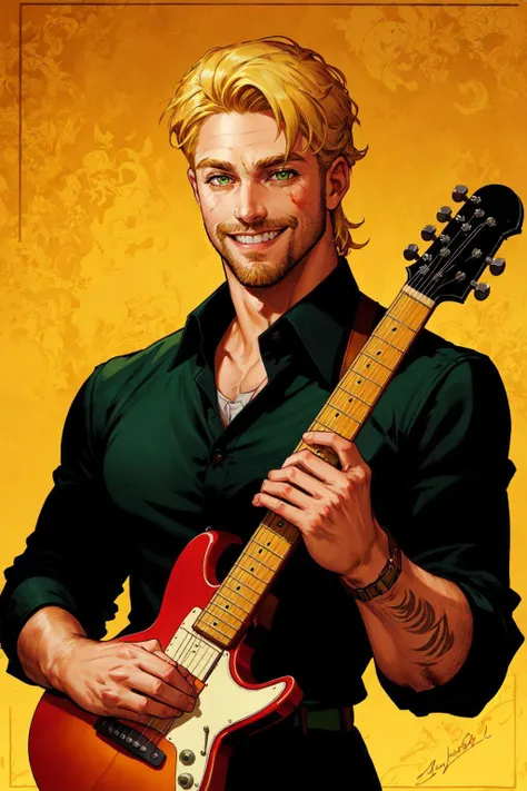 solo, looking at viewer, smile, blonde hair, shirt, 1boy, holding, green eyes, upper body, male focus, teeth, collared shirt, grin, black shirt, facial hair, scar, instrument, beard, stubble, guitar, playing instrument, holding instrument, plectrum, extremely detailed, by Jack Kirby, Adam Hughes and Terry Dodson, ink hatching, art by jim lee and joemad, detailed background, inked lines, ultra sharp, extremely detailed, detailed eyes, detailed face, looking at viewer