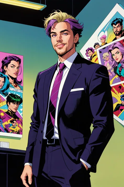 (masterpiece, best quality, ultra-detailed, highres, best illustration), 1boy, male focus, solo, heterochromia, purple eyes, green eyes, facial hair, necktie, smile, beard, gradient hair, ombre hair, multicolored hair, dyed bangs, blonde hair, purple hair, green hair, formal, looking at viewer, prison clothes, black and white striped suit, suit, indoors, office building, in the style of corporate punk, extremely detailed, by Jack Kirby, Adam Hughes and Terry Dodson, award winning movie poster, in the style of Beetlejuice, because fuck corporations, oh and genocide is evil, Rob Liefield styled 1990s rock star comic book art, ink hatching, art by jim lee and joemad, detailed background, comic book style, inked lines, ultra sharp, extremely detailed, detailed eyes, detailed face