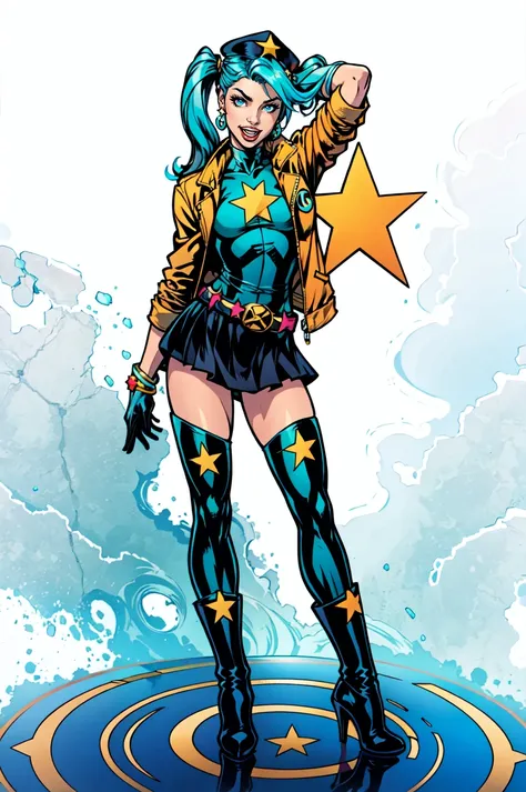 1girl, solo, long hair, looking at viewer, smile, open mouth, blue eyes, skirt, thighhighs, gloves, hat, white background, twintails, jewelry, blue hair, standing, jacket, full body, :d, earrings, boots, black gloves, belt, black skirt, star (symbol), arm up, high heels, bracelet, aqua eyes, aqua hair, high heel boots, reflection, asymmetrical legwear, ankle boots, star print