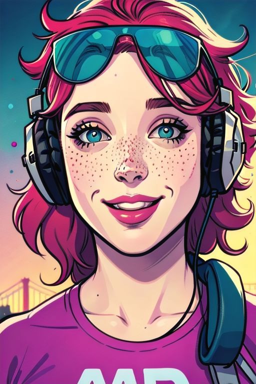 A woman with headphones and sunglasses on - SeaArt AI