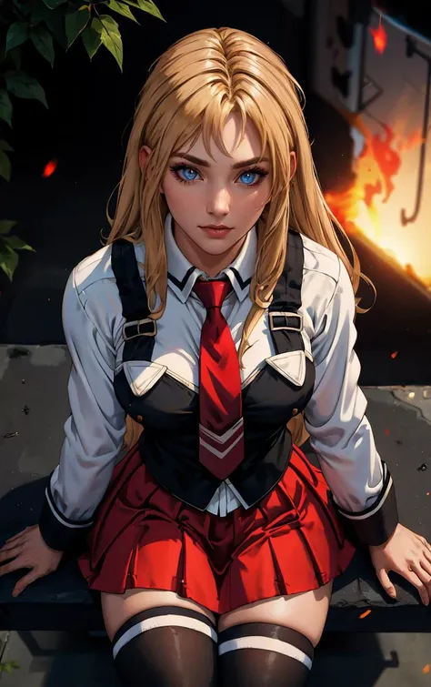 ((masterpiece, best quality)), insaneres, absurdres, solo, outdoors,
CLOTHING_BibleBlack_SchoolDress_ownwaifu, 
1girl, blonde hair,  long hair, blue eyes, 
black vest, red skirt, white shirt, collared shirt, suspenders, school uniform, black thighhighs, zettai ryouiki, necktie, long sleeves, pleated skirt, red necktie, 
(from above, sitting)<lora:CLOTHING_BibleBlack_SchoolDress_ownwaifu:0.9>,
lens flare, depth of field, bokeh, embers, vanishing point, looking at viewer,