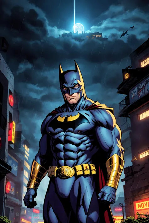 (masterpiece, best quality, ultra-detailed, highres, best illustration), Batman, 1boy, dark scene, cowboy shot of batman, athletic, white eyes, no pupils, night city, mist, particles, male focus, mask, muscular, muscular male, ragged and torn cape, night, outdoors, rain, serious, dark armosphere, detailed background,, comic book style, inked lines, ultra sharp, extremely detailed