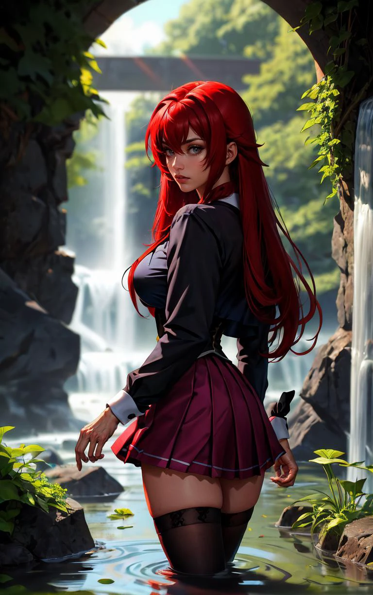 ((masterpiece, best quality)), insaneres, absurdres, solo, looking at viewer,
ANIME_DxD_Rias_Gremory_ownwaifu,
1girl, bangs, long hair, red hair, breasts, large breasts, rias gremory, blue eyes, hair between eyes, very long hair, collarbone, hair intakes, hair over breasts,
black capelet, black corset, collared shirt, kuoh academy school uniform, layered skirt, underbust, school uniform, skirt, shirt, long sleeves, purple skirt, ribbon, miniskirt, neck ribbon, thighhighs, black ribbon,
(wading, looking back), waterfall, <lora:ANIME_DxD_Rias_Gremory_ownwaifu:0.75>,
depth of field, vanishing point, garden, sidelighting,