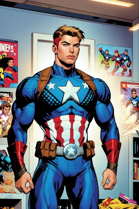 (masterpiece, best quality, ultra-detailed, highres, best illustration), ((1boy, male focus)), Captain America, Avengers, America's Ass, sheild, FBI headquarters, indoors, Rob Liefield styled 1990s rock star comic book art, yaoi , ink hatching, art by jim lee and joemad, detailed background, comic book style, inked lines, ultra sharp, extremely detailed, detailed eyes, detailed face