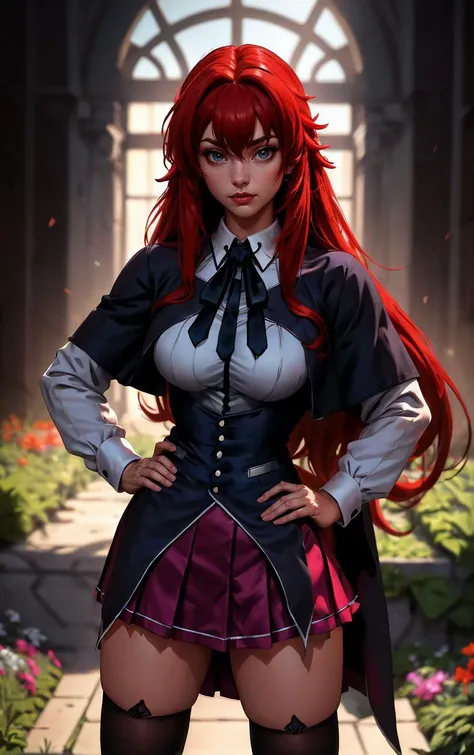 ((masterpiece, best quality)), insaneres, absurdres, solo, looking at viewer,
ANIME_DxD_Rias_Gremory_ownwaifu,
1girl, bangs, long hair, red hair, breasts, large breasts, rias gremory, blue eyes, hair between eyes, very long hair, collarbone, hair intakes, hair over breasts,
black capelet, black corset, collared shirt, kuoh academy school uniform, layered skirt, underbust, school uniform, skirt, shirt, long sleeves, purple skirt, ribbon, miniskirt, neck ribbon, thighhighs, black ribbon,
(contrapposto, hand on hip)<lora:ANIME_DxD_Rias_Gremory_ownwaifu:1>,
depth of field, vanishing point, garden, sidelighting,