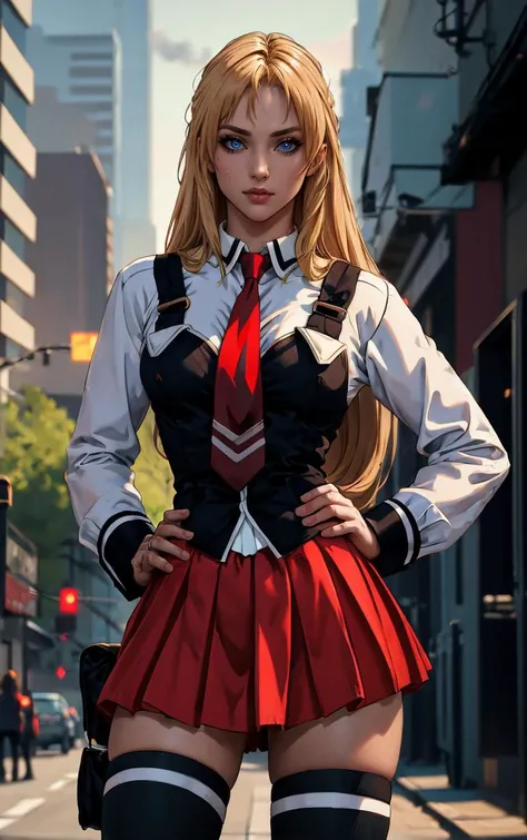 ((masterpiece, best quality)), insaneres, absurdres, solo, outdoors,
CLOTHING_BibleBlack_SchoolDress_ownwaifu,
1girl, blonde hair, long hair, blue eyes,
black vest, red skirt, white shirt, collared shirt, suspenders, school uniform, black thighhighs, zettai ryouiki, necktie, long sleeves, pleated skirt, red necktie,
(contrapposto, hand on hip)<lora:CLOTHING_BibleBlack_SchoolDress_ownwaifu:1>,
lens flare, depth of field, bokeh, embers, vanishing point, looking at viewer,
