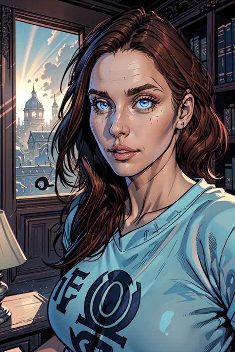 1 girl, (Kitch, portrait), <lora:Kitch_Full:0.45>, solo, Transgender Female, blue eyes, solo, voluptuous, auburn hair, long hair, detailed face, detailed eyes, (fantasy, bookcase, old building, dust , ), shirt, (masterpiece:1.3), (best quality:1.2), (intricate detailed:1.2), highly detailed, absurd res, wide shot, dynamic lighting, dynamic angle,