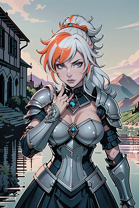 (masterpiece, best_quality, ultra-detailed, immaculate:1.3), epic, illustration, arctic warrior lord villainess, (armor:1.3), pauldrons, multicolor hair with red-orange highlights, Topsy Tail Ponytail,swept bangs, carrying over shoulder, by a  river, in a gothic town, bombshell hair, white hair, Top Knot,hair bun, claw pose <lyco:EnvyBeautyMix14:1>