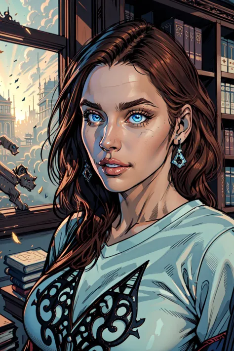 1 girl, (Kitch, portrait), <lora:Kitch_Full:0.45>, solo, Transgender Female, blue eyes, solo, voluptuous, auburn hair, long hair, detailed face, detailed eyes, (fantasy, bookcase, old building, dust , ), shirt, (masterpiece:1.3), (best quality:1.2), (intricate detailed:1.2), highly detailed, absurd res, wide shot, dynamic lighting, dynamic angle,