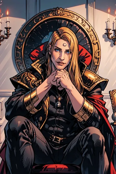 masterpiece, best quality, highres, 1boy zenos, red cape shoulder armor black coat <lora:zenos:1> sitting on chair, hand on own chin,