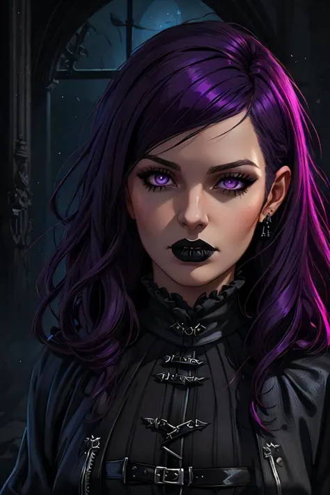 a close up of a woman with purple hair wearing a black dress, gothic rich deep colors, gothic wearing, gothic outfit, wearing a gothic dress, wearing modern gothic clothes, goth vibe, wearing gothic accessories, gothic clothes, dark goth queen, dark gothic dress, goth woman aesthetic, victorian goth, gothic jacket, gothic clothing, goth aesthetic, digital fantasy art, in stunning digital paint, (octane render) fantasy style, photorealistic anime render, aesthetic octane render!, detailed matte fantasy portrait, dark, digital fantasy illustration, elegant digital painting