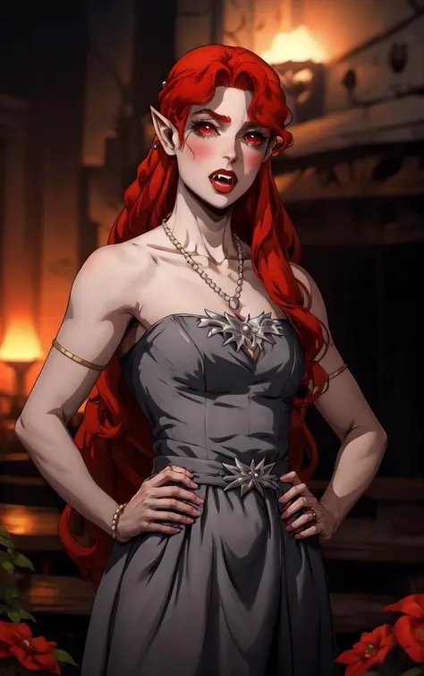 ((masterpiece, best quality)), insaneres, absurdres, solo, looking at viewer,
NightGown_Lenore_ownwaifu,
1girl, long hair, red hair, red eyes, pointy ears, blush, breasts, cleavage, lips, red lips, collarbone, fangs, lipstick, makeup, vampire, braid, floating hair,
jewelry, necklace, pearl necklace, armlet, grey dress, bare shoulders,
(contrapposto, hand on hip)<lora:CARTOON_Castlevania_Lenore_ownwaifu:1>,
depth of field, vanishing point, garden, sidelighting,
