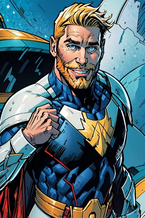 Star Lord, (masterpiece, best quality, ultra-detailed, highres),weapon, 1boy, male focus, solo, facial hair, blonde hair, smile, looking at viewer, blue eyes,upper body, beard, bodysuit, science fiction, power armor, clenched hand, fist in the air, white armor, armor <lora:Star_Lord-10:1>