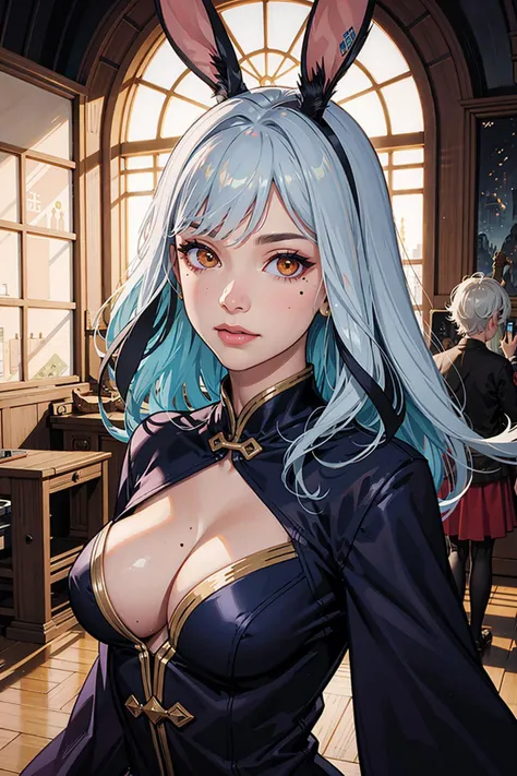(masterpiece, best quality, ultra-detailed, highres, best illustration),perfect face, ((solo, solo focus)),sidelighting,, epic, illustration, render, volumetric lighting, welcoming, see-through gossamer, in Japan,lustrous skin,(bloom), (shine), ray tracing,masterpiece, best quality, 1boy, male focus, solo, blue hair, multicolored hair, rabbit ears, two-tone hair, mole, white hair, chinese clothes, upper body, brown eyes, orange eyes, hand on own chin, looking at viewer,depth_of_field,very detailed background,extreme light and shadow,(detailed eyes), (beautiful) beautiful detailed eyes, perfect lighting , perfect anatomy,(extremely detailed illustrated 8k wallpaper),(masterpiece), (best quality), (ultra-detailed), (best illustration),(best shadow), (fantasy:1.4) , vivid colors,