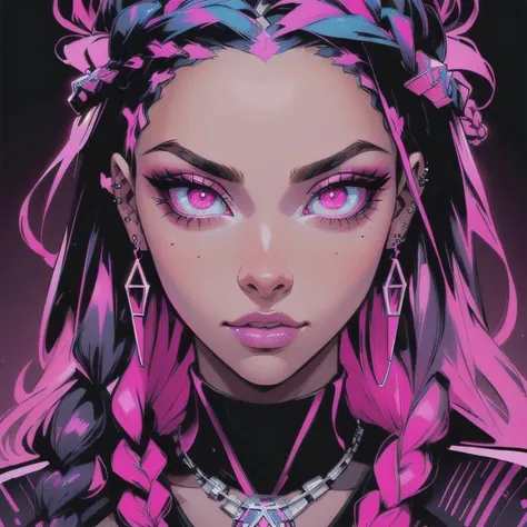(((masterpiece, high quality, highres, good quality, 8k, 4k, detailed, very detailed))), blacklightdskStyle, 1girl, solo, long hair, multicolored hair, dark skin, dark skinned female, ear piercings, necklace, glowing eyes, simple background, official art, eyelashes, thick eyelashes, eyeshadow, makeup, detailed eyes, slit pupils, braids, pink eyes, perspective, 4 point perspective, vantage point, cute girl, round face, extremely detailed, ultra detailed, 32k UHD,
<lora:blacklightstyle:0.8>