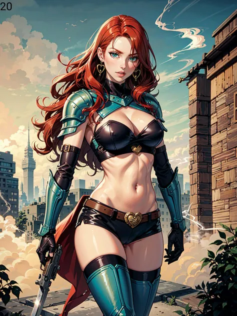 JoeMAD2023, 1girl, standing in medieval city, 8k, uhd, best quality, cartoon, cool armor, trending on artstation, skimpy outfit, long red hair, red monika, pistols, intricate, beautiful, large breasts, Red_Monika_v2