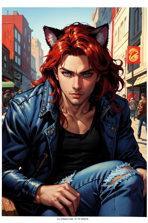 1boy, male focus, solo, looking at viewer, , blue eyes, black hair, animal ears, sitting, jacket, red hair, outdoors, day, pants, cat ears, blurry, black jacket, torn clothes, blurry background, denim, jeans, leather, torn pants, leather jacket, torn jeans, denim jacket, upper body, specular highlights, detailed face, detailed eyes, detailed hair, textured hair, rim lighting, extreme light and shadow, masterpiece, official art, portrait,, extremely detailed, by Jack Kirby, Adam Hughes and Terry Dodson, ink hatching, art by jim lee and joemad, detailed background, inked lines, ultra sharp, extremely detailed, detailed eyes, detailed face, looking at viewer