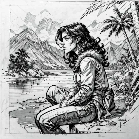 RAW photo, 8k uhd, Analog style, (Masterpiece, Best Quality, Highres:1.3), dramatic, cinematic, BREAK,
(intricate:1.3) (etched lineart:1.3) (engraving:1.4) (illustration:1.2) by (J. J. Grandville:1.4) of male (Robinson Crusoe:1.2) (sitting:1.1) and (looking:1.1) at sea, (from side:1.1), long hair beard, (wild:1.1) (fur clothes:1.2), (pants:1.1), dirty, ((palms:1.1), (mountain:1.05), (shore:1.1), sea, jungle:1.25), (wrecked sailboat:1.15), (white background, (black and white:1.05), grayscale, classicism:1.2), (hyperdetailed, absurdres, sketch:1.1), BREAK,
<lora:more_details:0.97>