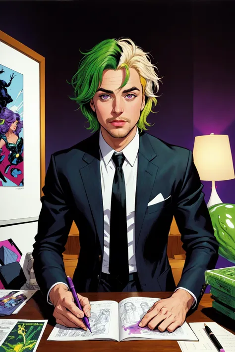(masterpiece, best quality, ultra-detailed, highres, best illustration), Slime Tutorial, Beetlejuice, Beetlejuice, Beetlejuice, Alex Brightman As Beetlejuice, 1boy, male focus, solo, solo focus, heterochromia, purple eyes, green eyes, facial hair, stubble, beard, gradient hair, ombre hair, multicolored hair, dyed bangs, green hair, neon green hair, lime green hair, purple hair, blonde hair, golden hair, kiwi lime hair, faux hawk, short hair, formal, prison clothes, black and white striped suit, necktie, indoors, office building, in the style of corporate punk, extremely detailed, by Jack Kirby, Adam Hughes and Terry Dodson, award winning poster, in the style of Beetlejuice, because fuck corporations, oh and genocide is evil, Rob Liefield styled 1990s rock star comic book art, ink hatching, art by jim lee and joemad, detailed background, comic book style, inked lines, ultra sharp, extremely detailed, detailed eyes, detailed face, looking at viewer