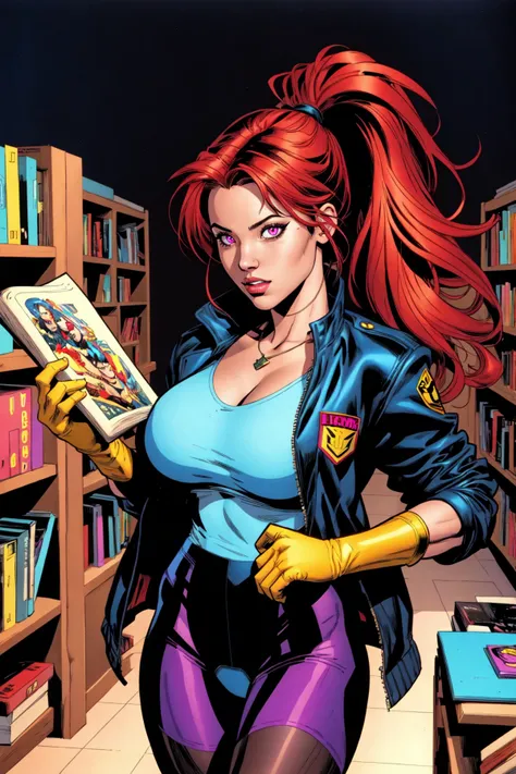 (masterpiece, best quality, ultra-detailed, highres, best illustration), 1girl, large breasts, black background, black hair, blue eyes, blurry background, bookshelf, gloves, jacket, jewelry, long hair, looking at viewer, pink eyes, ponytail, red hair, school uniform, single leg pantyhose, solo,, Rob Liefield styled 1990s rock star comic book art, ink hatching, art by jim lee and joemad, detailed background, comic book style, inked lines, ultra sharp, extremely detailed, detailed eyes, detailed face