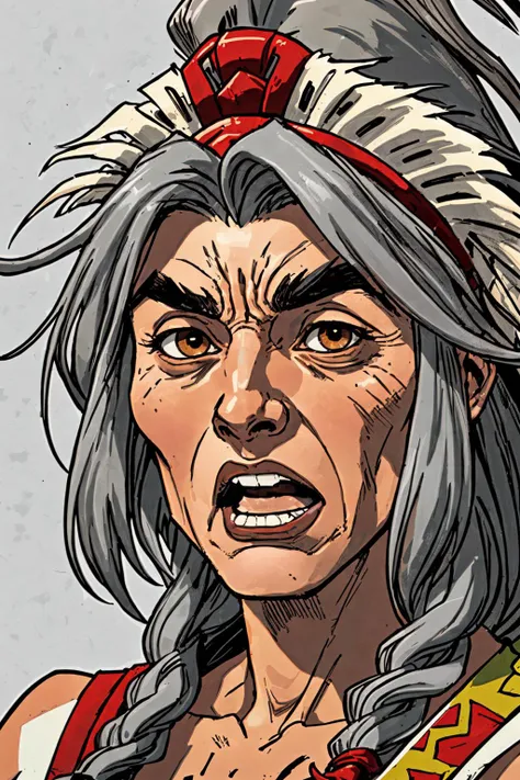 close-up photo portrait of a 100 yo old native american woman, grey hair, brown eyes, screaming face expression, twin braids, warbonnet, feathers, tribal, simple background