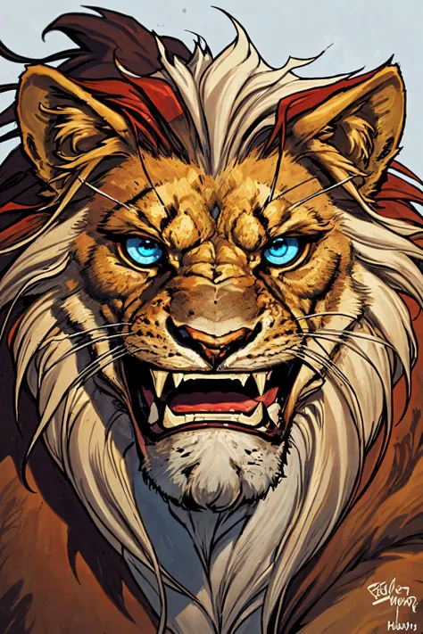 close-up photo portrait of a great red lion, blue eyes, very long lion's mane, roaring, open mouth, fangs, animal, no humans, simple background