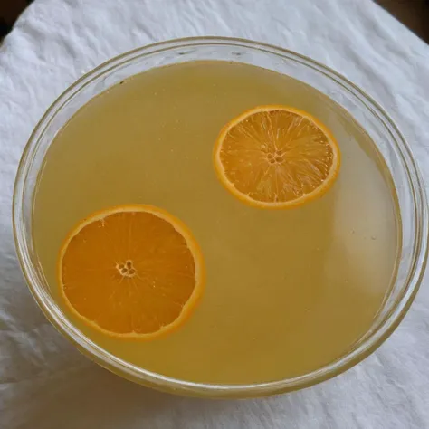A photorealistic image of a bowl filled with clear fruit juice, set against a neutral background. The juice should appear crystal clear, capturing the essence of purity and freshness. Light should be filtering through the juice, creating a radiant glow and highlighting its clarity. The surface of the juice should have a slight shimmer, indicating its freshness. The bowl should be simple yet elegant, complementing the juice without distracting from it, <lora:fat_buble:0.65>