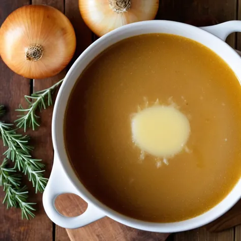 A photorealistic image of a bowl of French onion soup, featuring a rich, <lora:fat_buble:0.35>,fatfoam,amber-colored broth filled with caramelized onions. The soup should be topped with a layer of melted Gruyère cheese that has been browned to perfection. The cheese should be gooey and stretchy, adding a layer of richness to the dish. The bowl should be ceramic or earthenware, typical of how French onion soup is traditionally served. Steam should be rising from the hot soup, indicating its warmth. The dish should be presented on a rustic wooden table, perhaps with a sprig of thyme or a slice of baguette as garnish