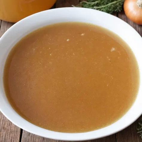 A photorealistic image of a bowl of French onion soup, featuring a rich, amber-colored broth filled with caramelized onions. The soup should be topped with a layer of melted Gruyère cheese that has been browned to perfection. The cheese should be gooey and stretchy, adding a layer of richness to the dish. The bowl should be ceramic or earthenware, typical of how French onion soup is traditionally served. Steam should be rising from the hot soup, indicating its warmth. The dish should be presented on a rustic wooden table, perhaps with a sprig of thyme or a slice of baguette as garnish, <lora:fat_buble:0.65>