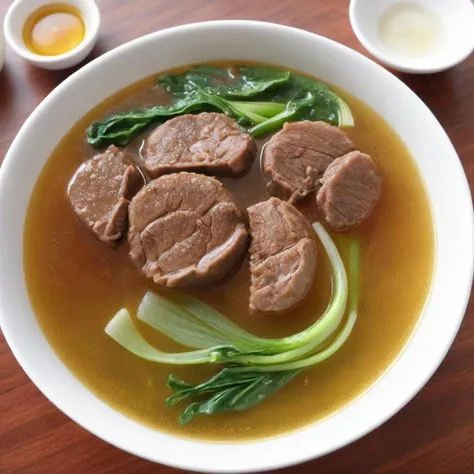 A photorealistic image of a bowl of beef noodle soup, abundant with tender chunks of beef and a rich, aromatic red-braised broth, <lora:fat_buble:0.6>,fatfoam,The beef should be juicy and succulent, while the broth should have a deep, reddish-brown color, infused with the flavors of scallions and spices. The surface of the broth should be covered with foam and a layer of floating oil, indicating its richness and depth. The bowl should also contain traditional accompaniments like bok choy and chewy noodles. Steam should be rising from the hot broth, and the dish should be presented on a table with appropriate garnishes like chopped scallions or a sprinkle of sesame seeds, <lora:beef_noodle:0.65>