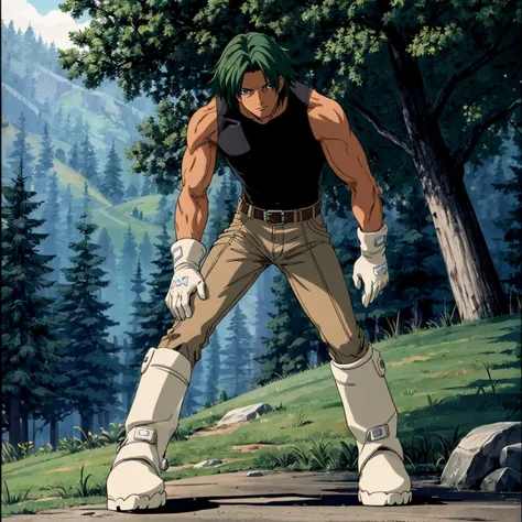 <lora:AdetteKistler001:0.7>,<lora:add_detail:1>,solo,
GainVision,green hair,
black tank top,
white gloves,
belt,
brown pants,
boots,nature,