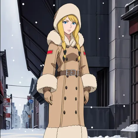 <lora:AdetteKistler001:0.7>,
AdetteKistler,1woman,
blonde hair,twin braids,
khaki hat,
winter_clothes,coat,hood,fur trim,
gloves,
snow,city,