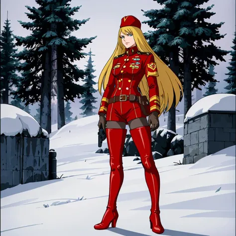 <lora:AdetteKistler001:0.7>,
AdetteKistler,1woman,
blonde hair,long hair,
red headwear,
military uniform,jacket,
armband,
gloves,
belt,pouch,holster,handgun,
short shorts,
pantyhose,
thigh boots,high heel boots,
snow,nature,sunlight,