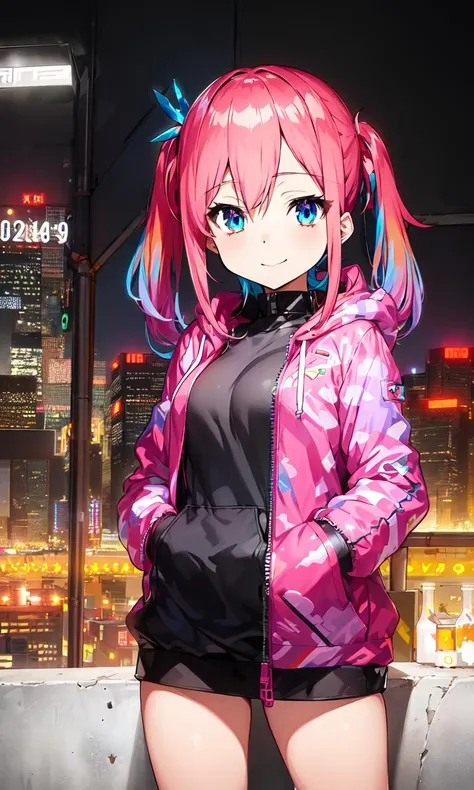denonbu art style, neon lights, cyberpunk, LED, cityscape, cinematic angle, synthwave,
1girl, solo, multicolored hair, gradient hair, pink hair, cool, sexy, detailed eyes, low twintails, innocent, light smile, hoodie, hood down, coat, open clothes