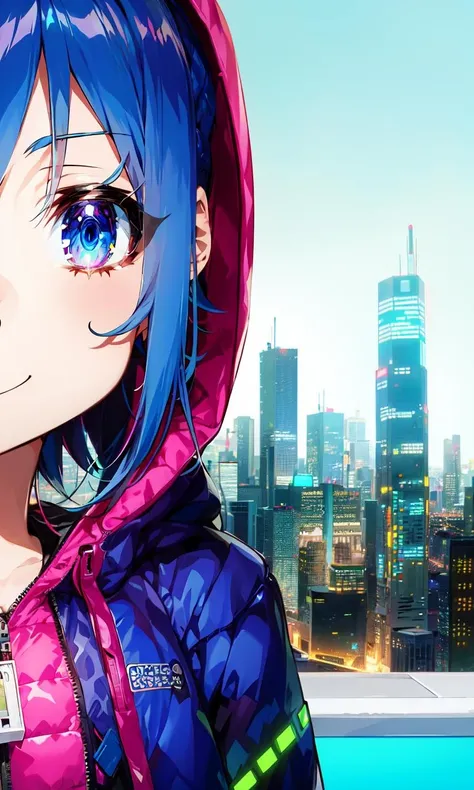 denonbu art style, neon lights, cyberpunk, LED, cityscape, cinematic angle, synthwave,
1girl, solo, multicolored hair, gradient hair, blue hair, cool, sexy, detailed eyes, low twintails, innocent, light smile, hoodie, hood down, coat, open clothes, close-up