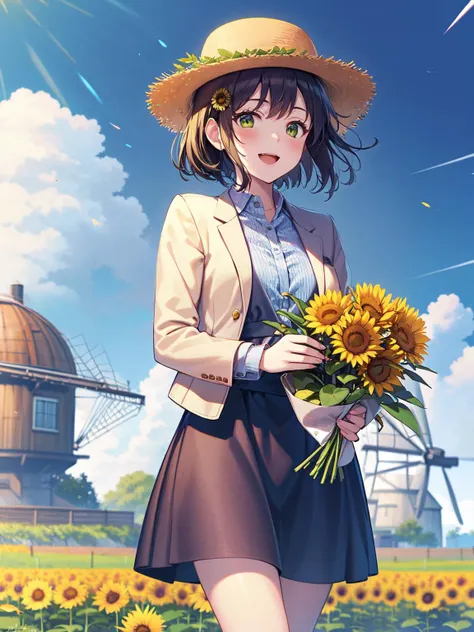 flower, holding_flower, sunflower, sunflower_hair_ornament, yellow_flower, dandelion, orange_flower, yellow_rose, flower_field, daisy, hat_flower, fireworks, day, field, holding, kazami_yuuka, potted_plant, hair_flower, bouquet, cloud, green_eyes, building, outdoors, watering_can, ribbon, pom_pom_\(cheerleading\), dress, sky, open_mouth, holding_bouquet, blue_sky, vase, smile, 1girl, flower_pot, open_clothes, hauchiwa, wooden_fence, solo, tulip, windmill, pink_jacket, looking_at_viewer, head_wreath, collared_shirt, spider_lily, ginkgo_leaf, wheat, cloudy_sky, ferris_wheel