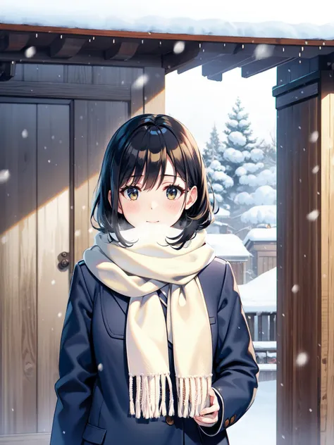 scarf, white_scarf, black_hair, upper_body, solo, snow, snowing