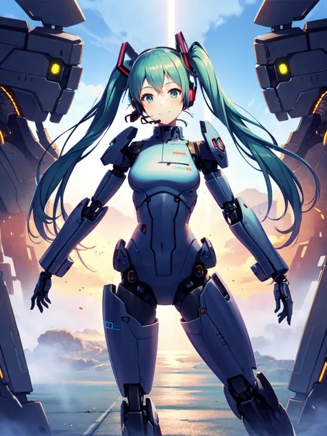 1girl, mecha_musume, long_hair, mecha, android, headset, robot_joints, headgear, science_fiction, twintails, robot_ears, looking_at_viewer, hatsune_miku, smile, headphones, solo, very_long_hair