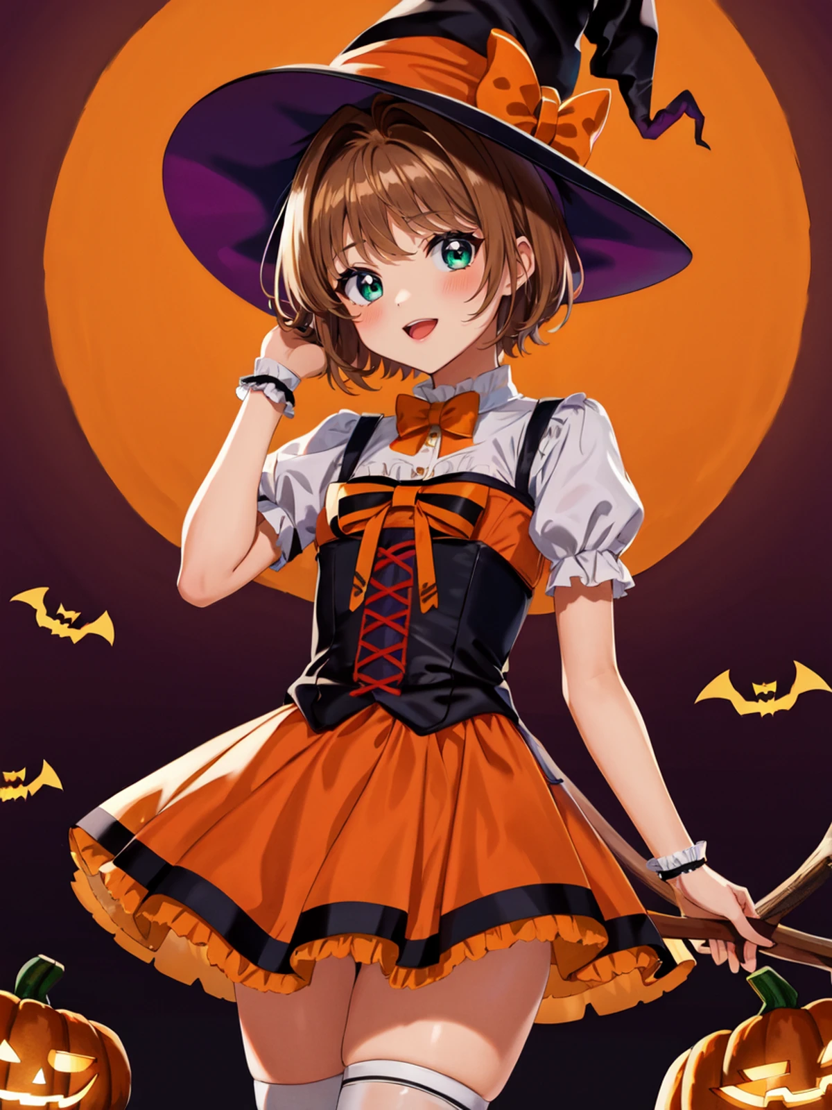 (best quality), (masterpiece), (ultra detailed), (illustration), (finely detail), (highres),
(halloween),
<lora:Cardcaptor_Sakura:0.8>
Cardcaptor_Sakura, (kinomoto sakura), (sakura kinomoto), brown hair, short hair, ahoge,
(wearing a halloween witch costume:1.32),
BREAK
1girl, solo, witch hat,
(jack-o'-lantern), pumpkin, lantern,
(detailed halloween background:1.2), (skinny fit), (looking at viewer),
(intricate details), (absurdres), SHARP, (HIGH DETAIL:1.2), finely detailed, soft lighting, beautiful detailed glow,