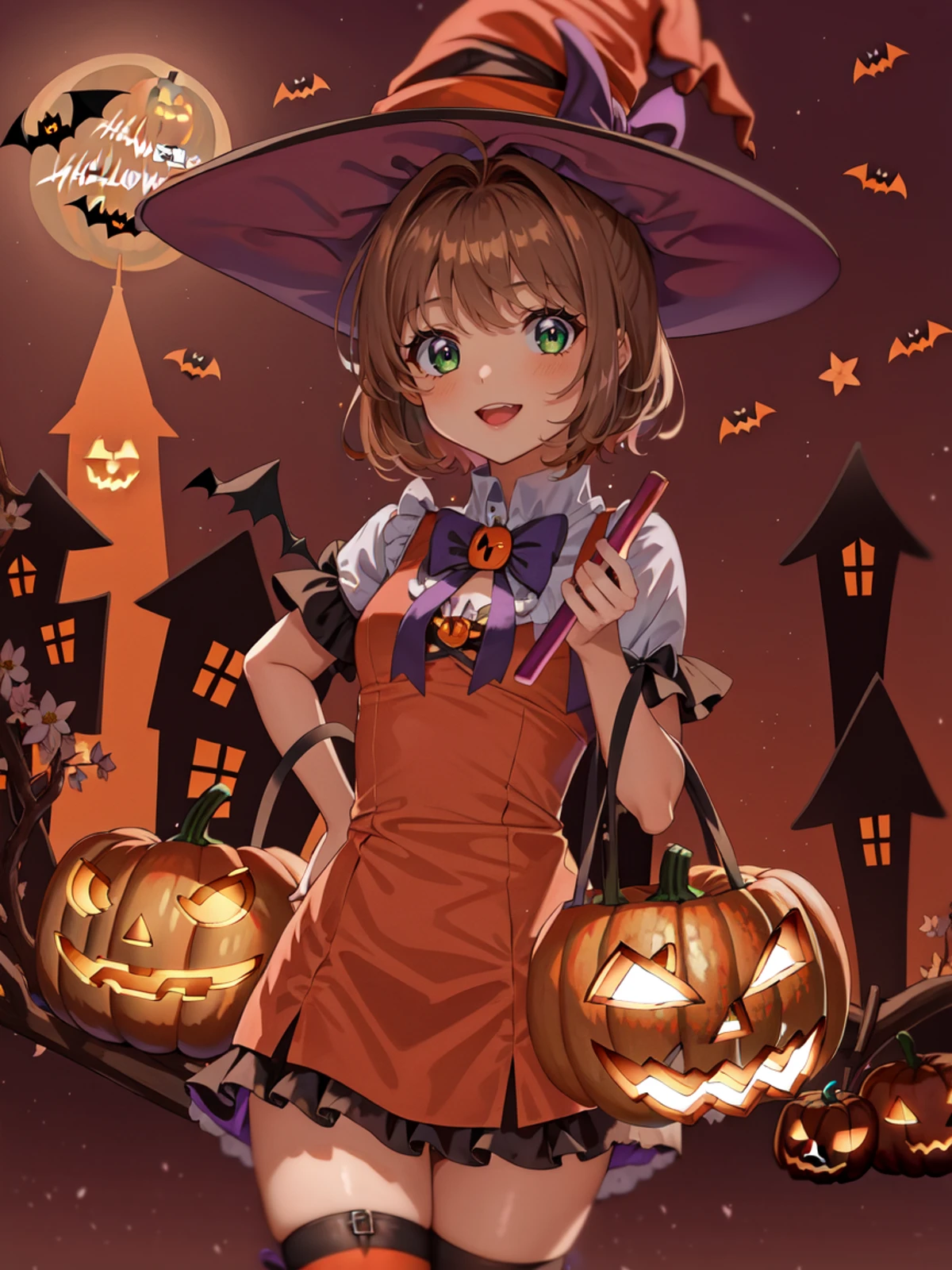 (best quality), (masterpiece), (ultra detailed), (illustration), (finely detail), (highres),
(halloween),
<lora:Cardcaptor_Sakura:0.8>
Cardcaptor_Sakura, (kinomoto sakura), (sakura kinomoto), brown hair, short hair, ahoge,
(wearing a halloween witch costume:1.32),
BREAK
1girl, solo, witch hat,
(jack-o'-lantern), pumpkin, lantern,
(detailed halloween background:1.2), (skinny fit), (looking at viewer),
(intricate details), (absurdres), SHARP, (HIGH DETAIL:1.2), finely detailed, soft lighting, beautiful detailed glow,