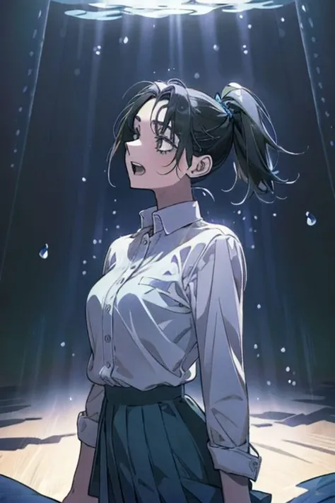 (masterpiece, best quality), 1girl, open mouth, ponytail, white shirt, green clothes, pleated skirt, looking up, forest, dark clouds, raining, phblue, scenery, blue theme, light from above, beam of light, natural lighting, underwater, spotlight, agawa, vibrant colors, warm palette, expressive, solid shading, clean lineart