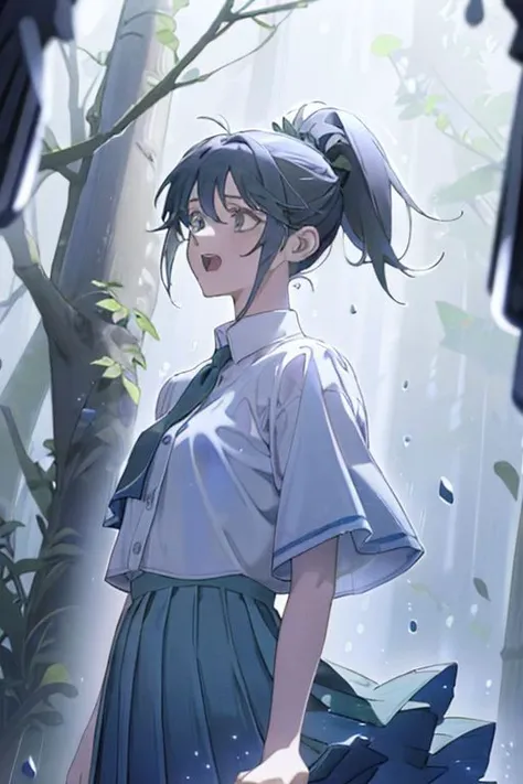 (masterpiece, best quality), 1girl, open mouth, ponytail, white shirt, green clothes, pleated skirt, looking up, forest, dark clouds, raining, phblue, scenery, blue theme, light from above, beam of light, natural lighting, underwater, spotlight, bartolomeobari, expert shading, low contrast, clean lineart