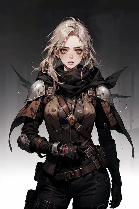 (masterpiece), (best quality), (official art, extremely detailed CG unity 8k wallpaper), (highly detailed), ((absurdres)),
1 girl, adult (elven:0.7) woman, freckles, ruby eyes, medium brown beach waves hair,
portrait, looking at viewer, solo, (full body:0.6), detailed background, detailed face, (<lora:postapocalypseai_v10:0.4>, postapoAI, post-apocalyptic theme:1.1), face covered by scarf, sapper, (tattoos:0.9), thieves guild, dynamic pose, dark leather (armor:0.7), straps, keys, hood, high fantasy medieval setting, dark port pier background, stealth, illegal, secret, shady dealings, (crates in background:0.8), low light, fog, gloomy atmosphere,