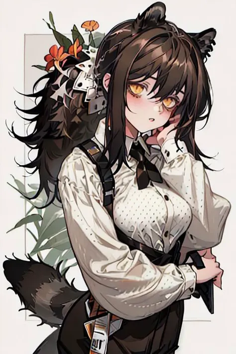 (masterpiece, best quality), 1girl, robin \(arknights\), raccoon ears, raccoon girl, raccoon tail, animal hands, brown hair, hair between eyes, long hair, ponytail, yellow eyes, breasts, white collared shirt, polka dot shirt, cross tie, long sleeves, brown shorts, legwear under shorts, upper body, holding flower, red flower, closed eyes, close-up