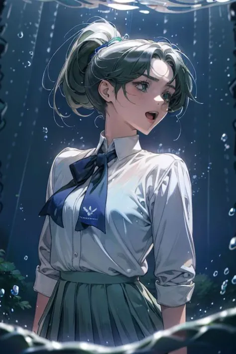 (masterpiece, best quality), 1girl, open mouth, ponytail, white shirt, green clothes, pleated skirt, looking up, forest, dark clouds, raining, phblue, scenery, blue theme, light from above, beam of light, natural lighting, underwater, spotlight, kittew, soft shading, charming face, semi-realistic, detailed shading