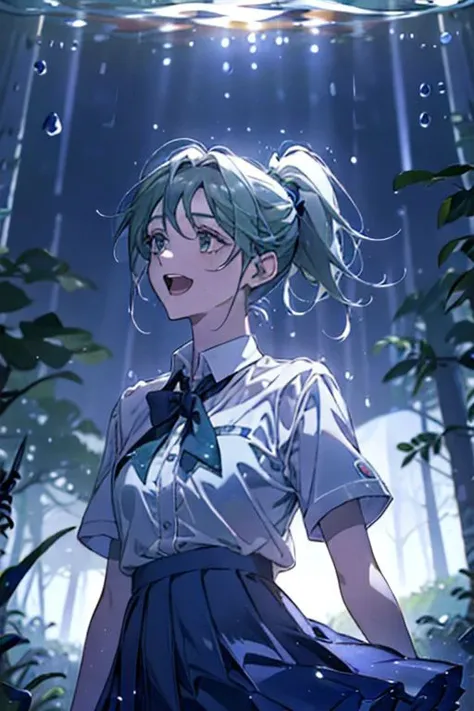 (masterpiece, best quality), 1girl, open mouth, ponytail, white shirt, green clothes, pleated skirt, looking up, forest, dark clouds, raining, phblue, scenery, blue theme, light from above, beam of light, natural lighting, underwater, spotlight,