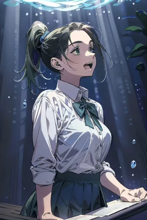(masterpiece, best quality), 1girl, open mouth, ponytail, white shirt, green clothes, pleated skirt, looking up, forest, dark clouds, raining, phblue, scenery, blue theme, light from above, beam of light, natural lighting, underwater, spotlight, agawa, vibrant colors, warm palette, expressive, solid shading, clean lineart